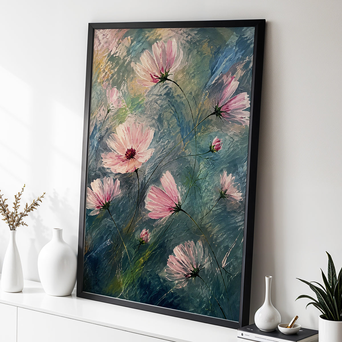 Blush in the Blue, pink, blue, green floral wall art displayed in a styled interior, gallery view 2