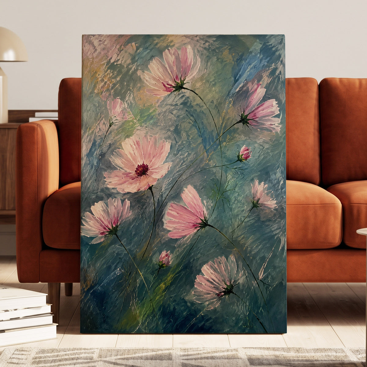Blush in the Blue, pink, blue, green floral wall art displayed in a styled interior, gallery view 3
