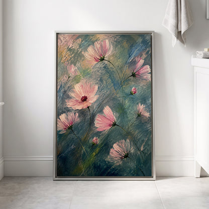 Blush in the Blue, pink, blue, green floral wall art displayed in a styled interior, gallery view 4