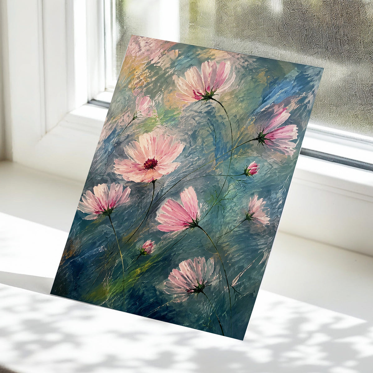 Blush in the Blue, pink, blue, green floral wall art displayed in a styled interior, gallery view 5