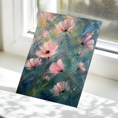 Blush in the Blue, pink, blue, green floral wall art displayed in a styled interior, gallery view 5