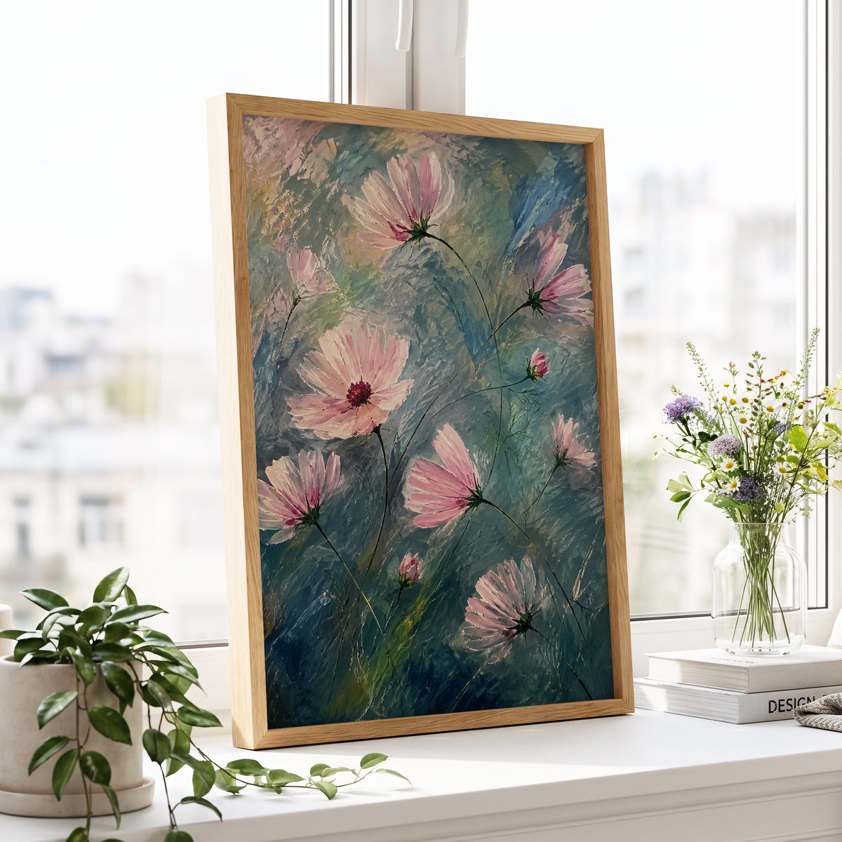 Blush in the Blue, pink, blue, green floral wall art displayed in a styled interior, gallery view 6