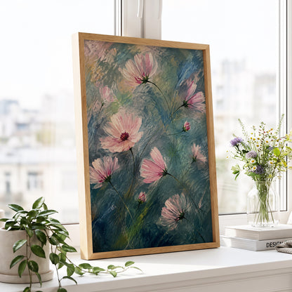 Blush in the Blue, pink, blue, green floral wall art displayed in a styled interior, gallery view 6