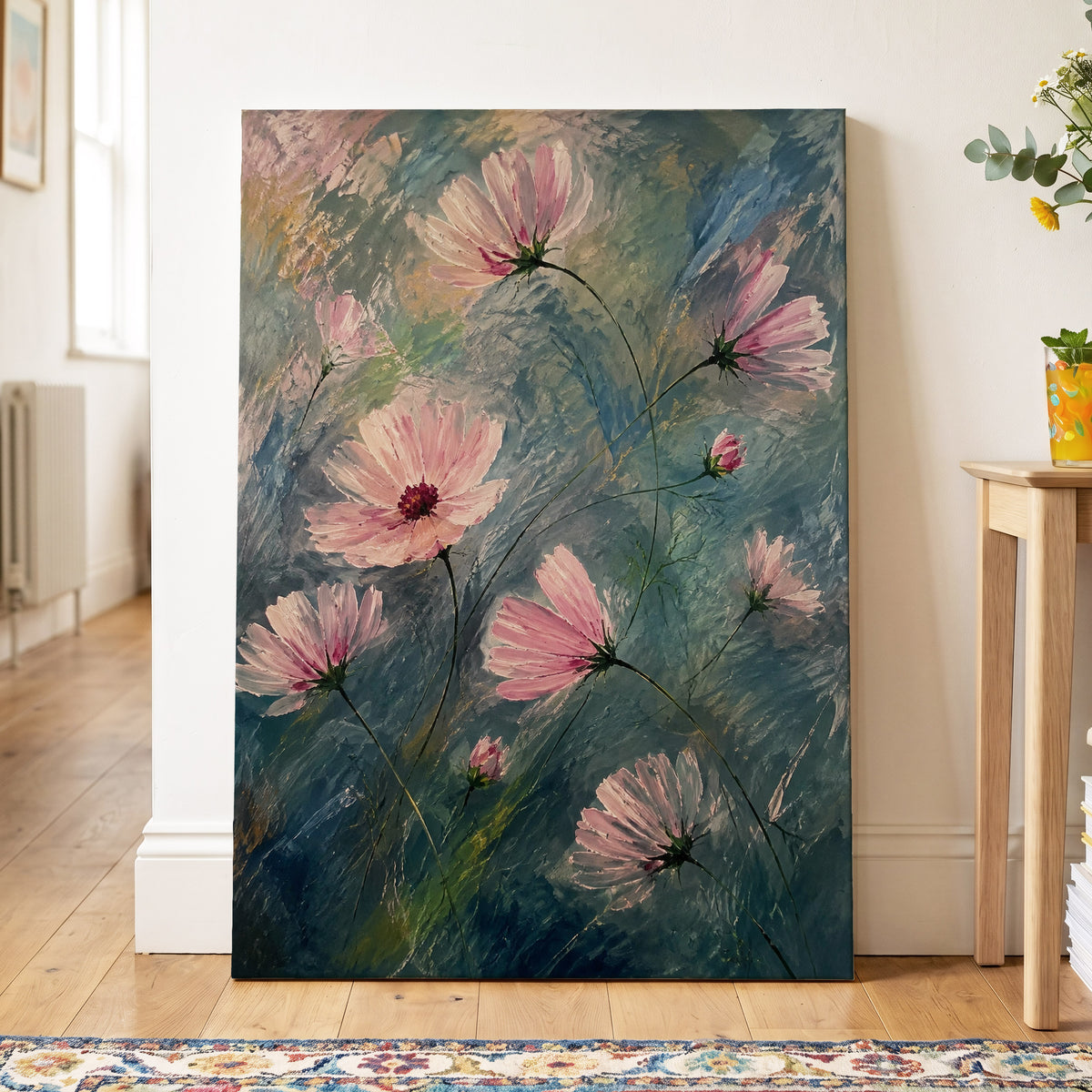 Blush in the Blue, pink, blue, green floral wall art displayed in a styled interior, gallery view 7
