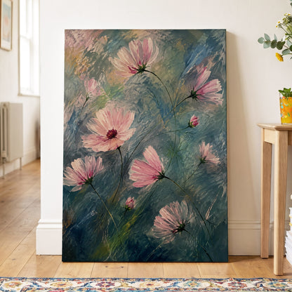 Blush in the Blue, pink, blue, green floral wall art displayed in a styled interior, gallery view 7