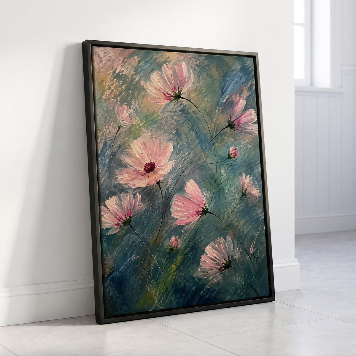 Blush in the Blue, pink, blue, green floral wall art displayed in a styled interior, gallery view 8