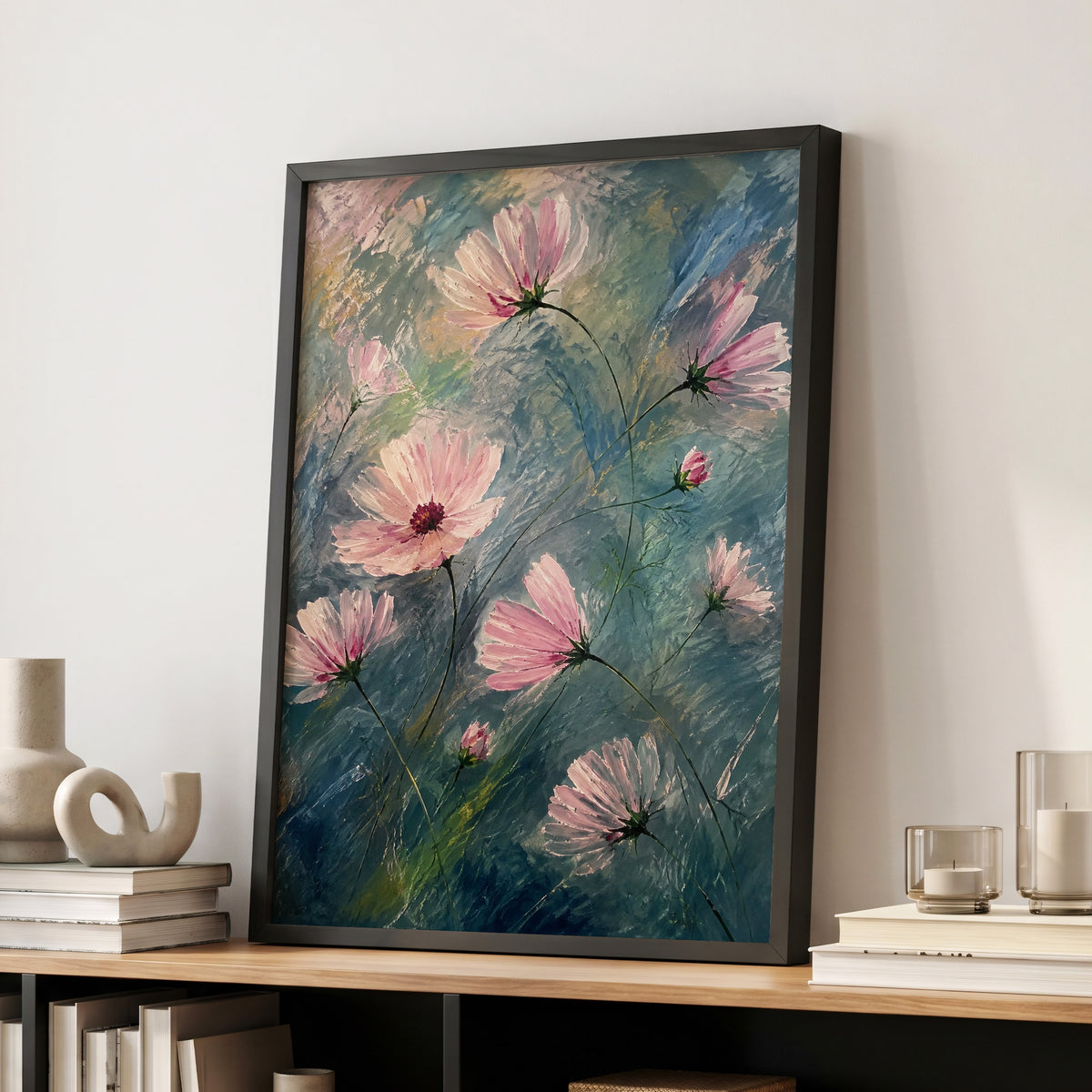 Blush in the Blue, pink, blue, green floral wall art displayed in a styled interior, gallery view 9