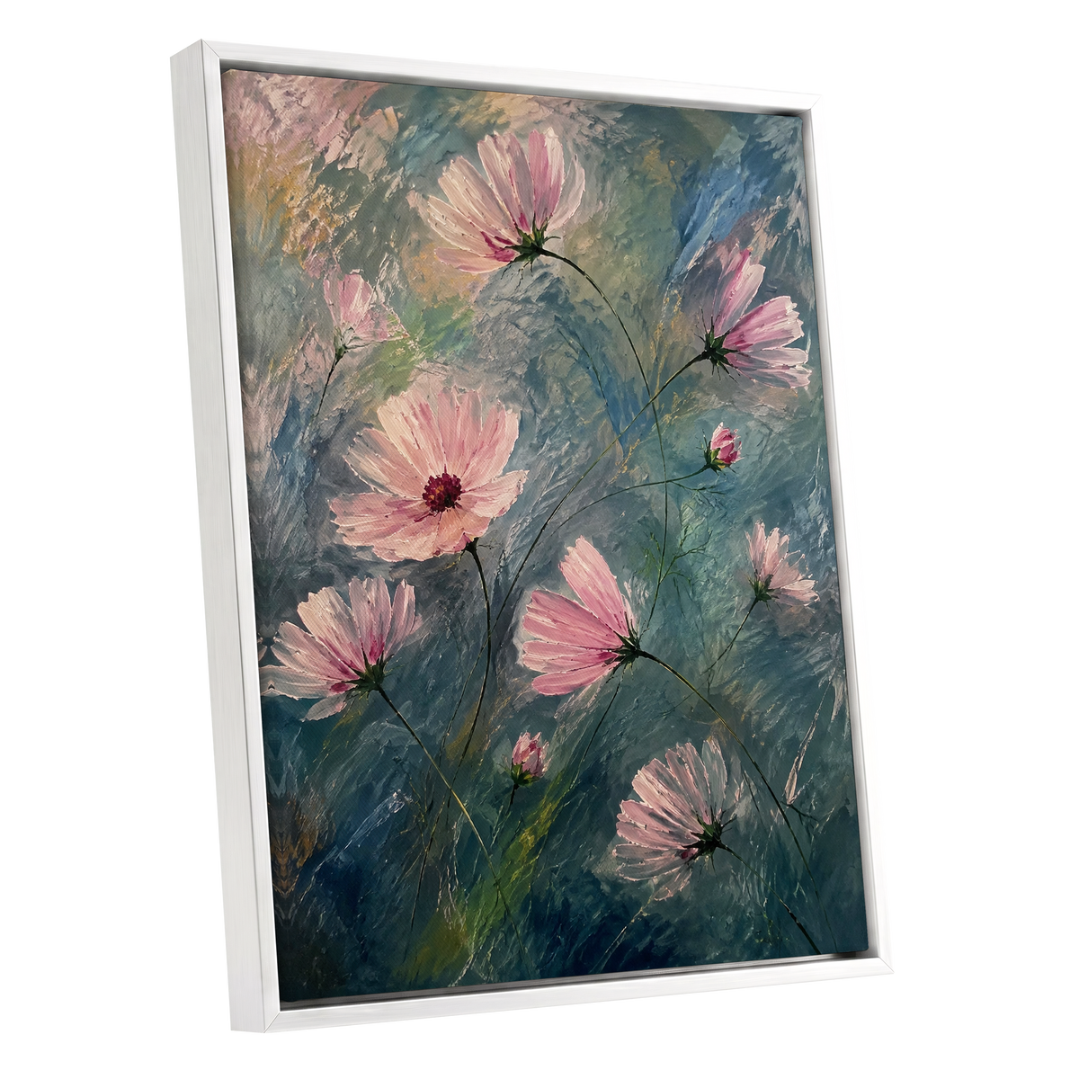 Blush in the Blue, pink, blue, green floral wall art shown as a white framed canvas wall art