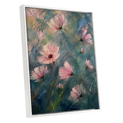 Blush in the Blue, pink, blue, green floral wall art shown as a white framed canvas wall art