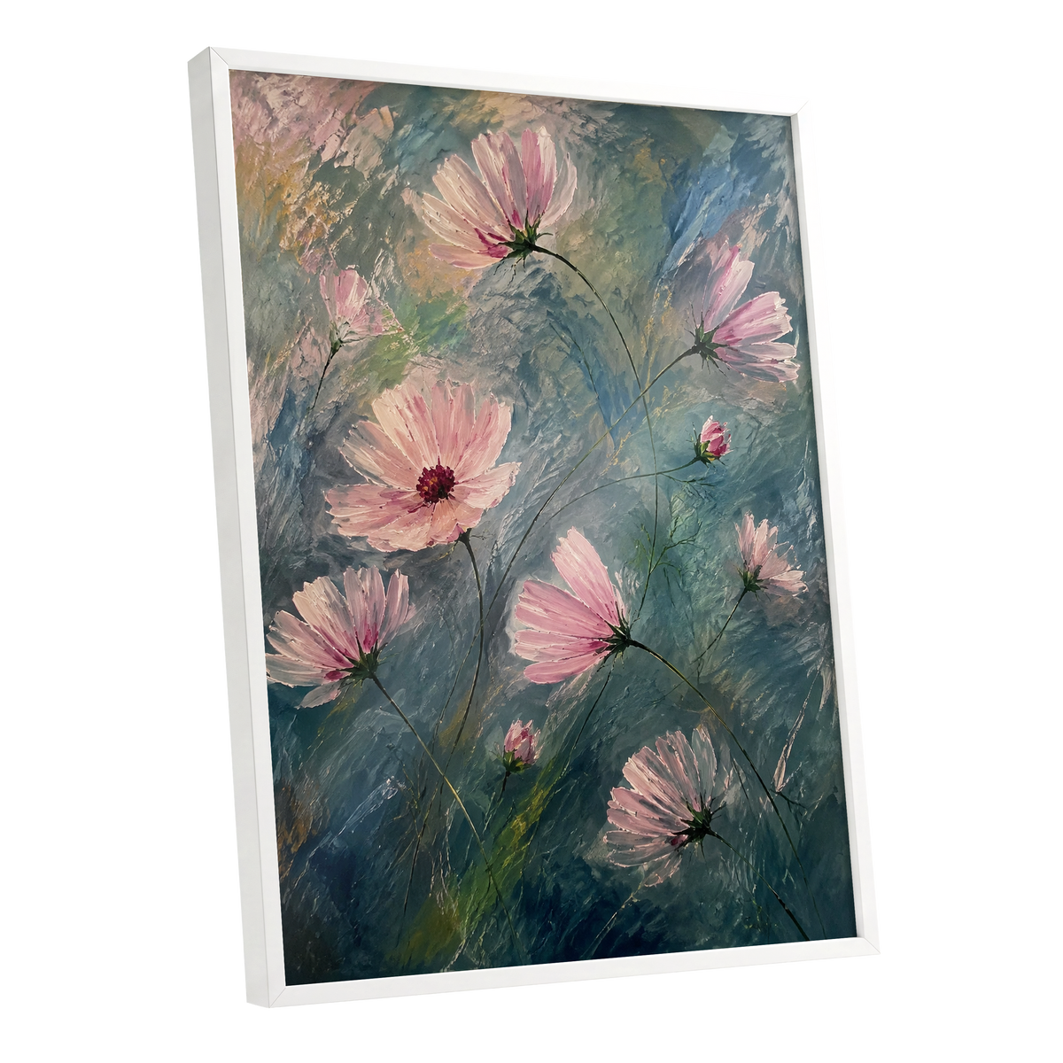 Blush in the Blue, pink, blue, green floral wall art shown as a white framed poster wall art print