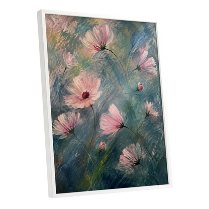 Blush in the Blue, pink, blue, green floral wall art shown as a white framed poster wall art print