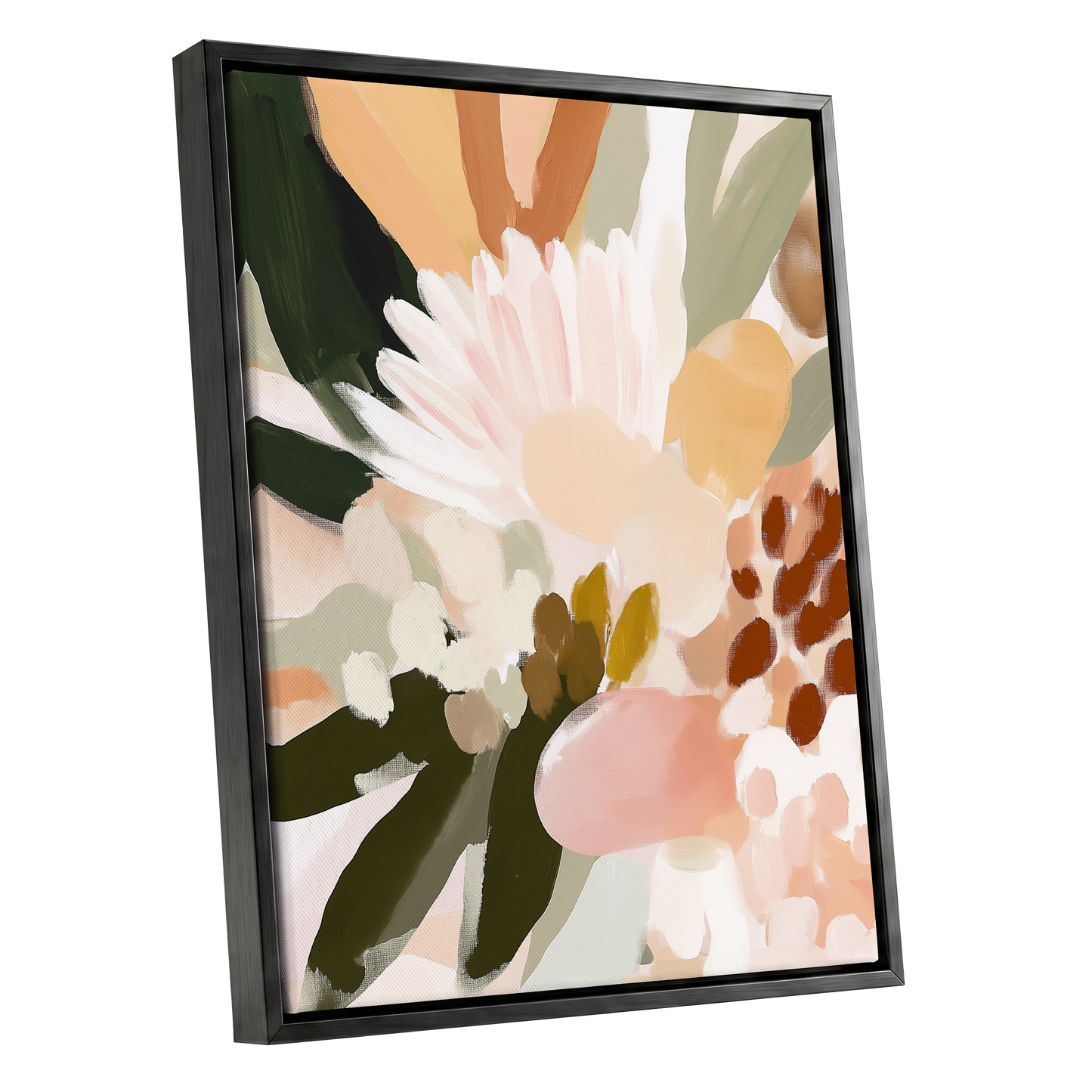 Blush Meadow, green, pink, white floral wall art shown as a black framed canvas wall art