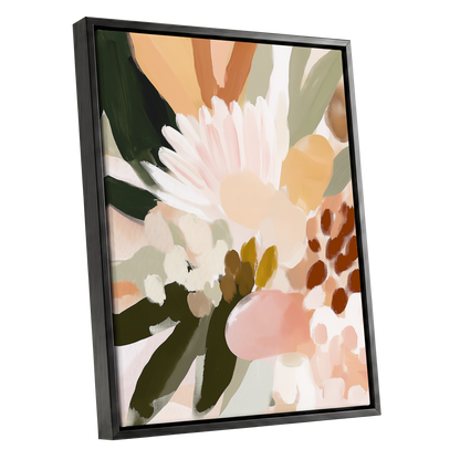 Blush Meadow, green, pink, white floral wall art shown as a black framed canvas wall art