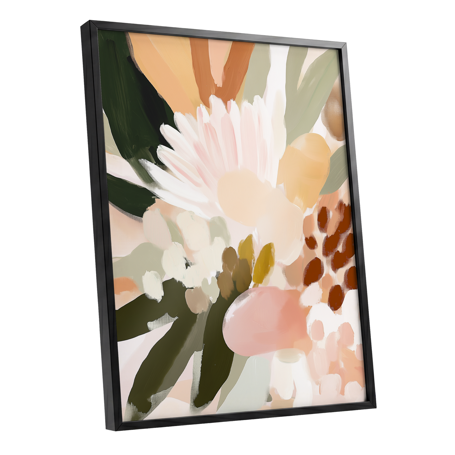 Blush Meadow, green, pink, white floral wall art shown as a black framed poster wall art print