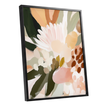 Blush Meadow, green, pink, white floral wall art shown as a black framed poster wall art print