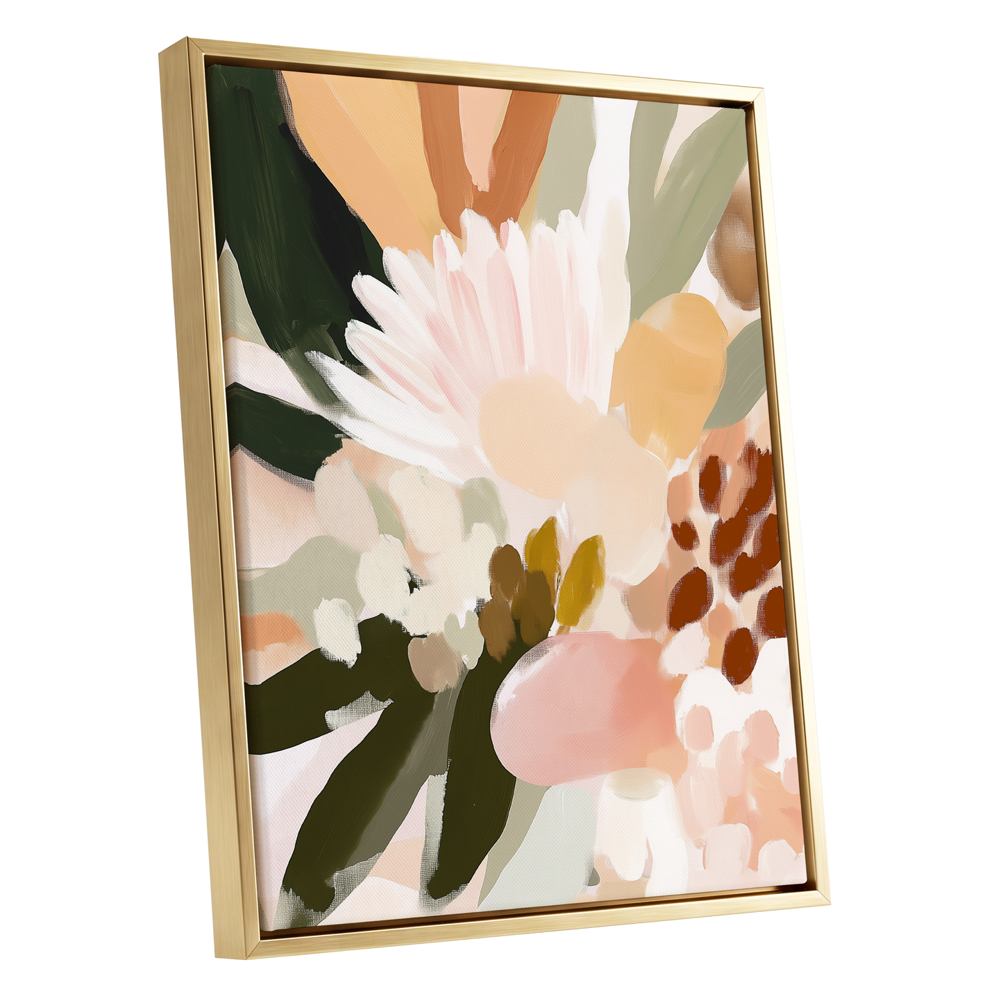 Blush Meadow, green, pink, white floral wall art shown as a gold framed canvas wall art