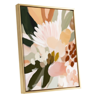 Blush Meadow, green, pink, white floral wall art shown as a gold framed canvas wall art