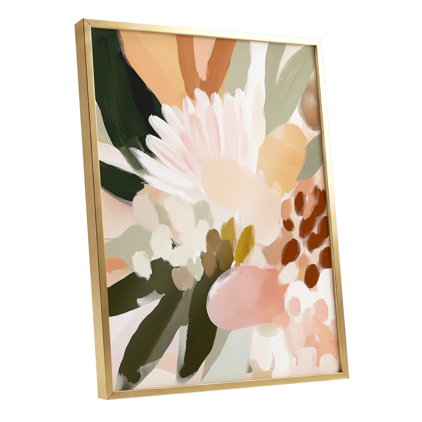 Blush Meadow, green, pink, white floral wall art shown as a gold framed poster wall art print