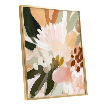 Blush Meadow, green, pink, white floral wall art shown as a gold framed poster wall art print