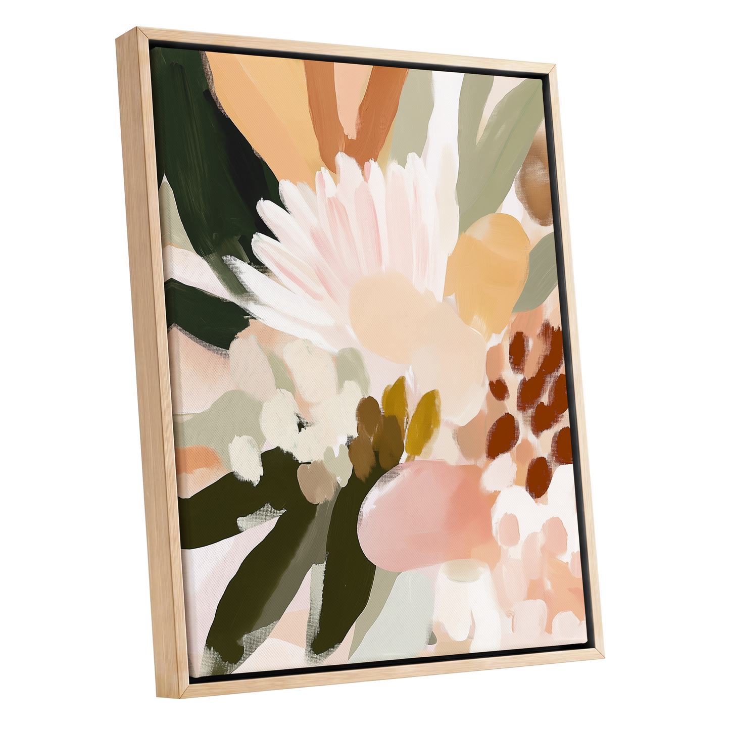 Blush Meadow, green, pink, white floral wall art shown as a oak framed canvas wall art