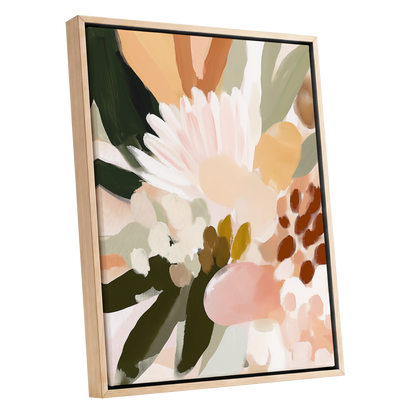 Blush Meadow, green, pink, white floral wall art shown as a oak framed canvas wall art
