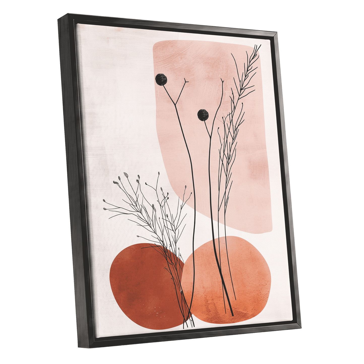Blush Meadow Silhouettes, pink, beige, brown floral wall art shown as a black framed canvas wall art