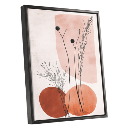 Blush Meadow Silhouettes, pink, beige, brown floral wall art shown as a black framed canvas wall art