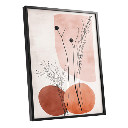 Blush Meadow Silhouettes, pink, beige, brown floral wall art shown as a black framed poster wall art print