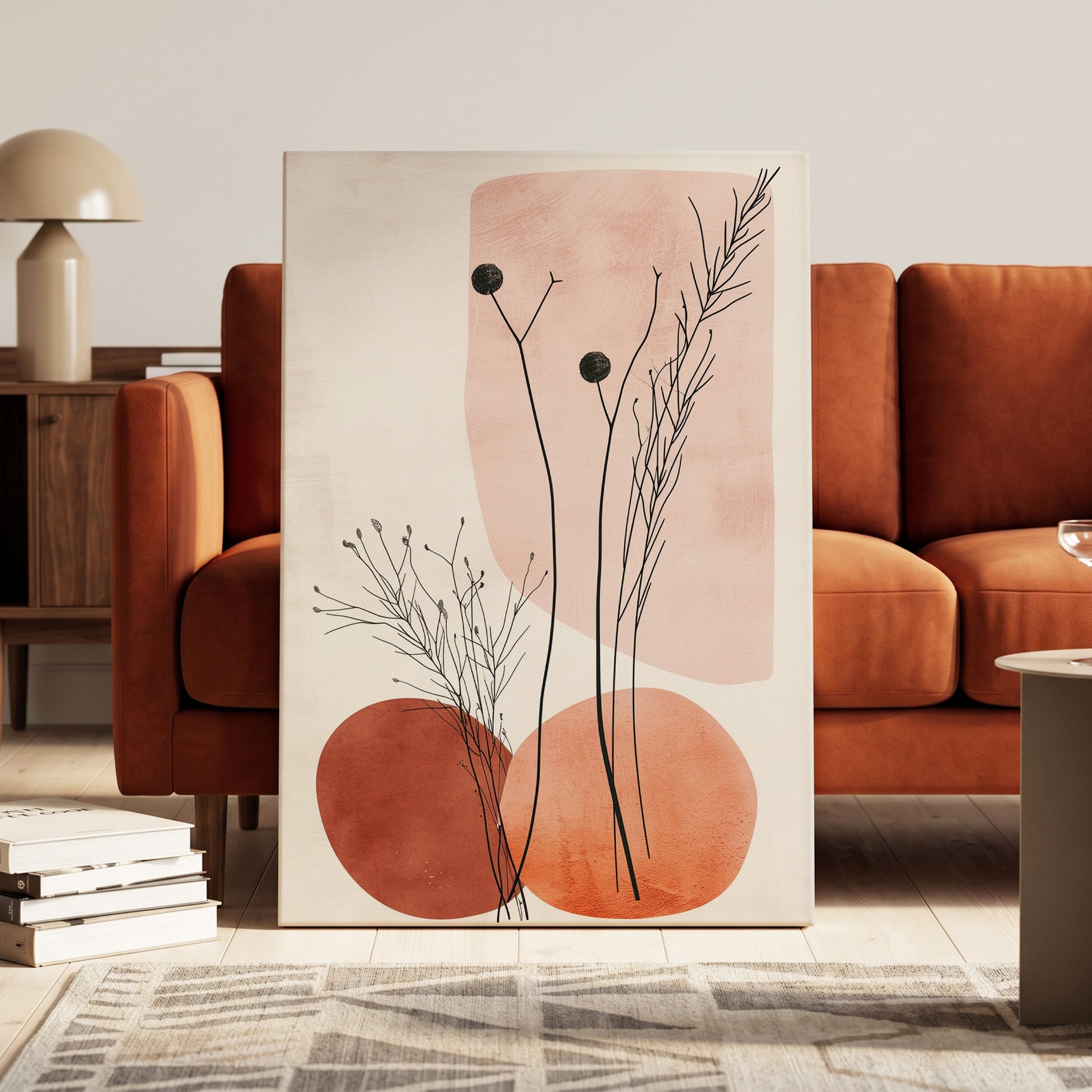 Blush Meadow Silhouettes, pink, beige, brown floral wall art on canvas displayed in a styled interior, gallery view 1