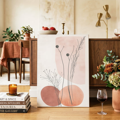Blush Meadow Silhouettes, pink, beige, brown floral wall art on canvas displayed in a styled interior, gallery view 2