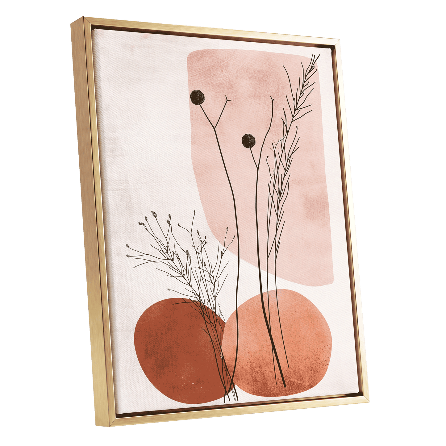 Blush Meadow Silhouettes, pink, beige, brown floral wall art shown as a gold framed canvas wall art