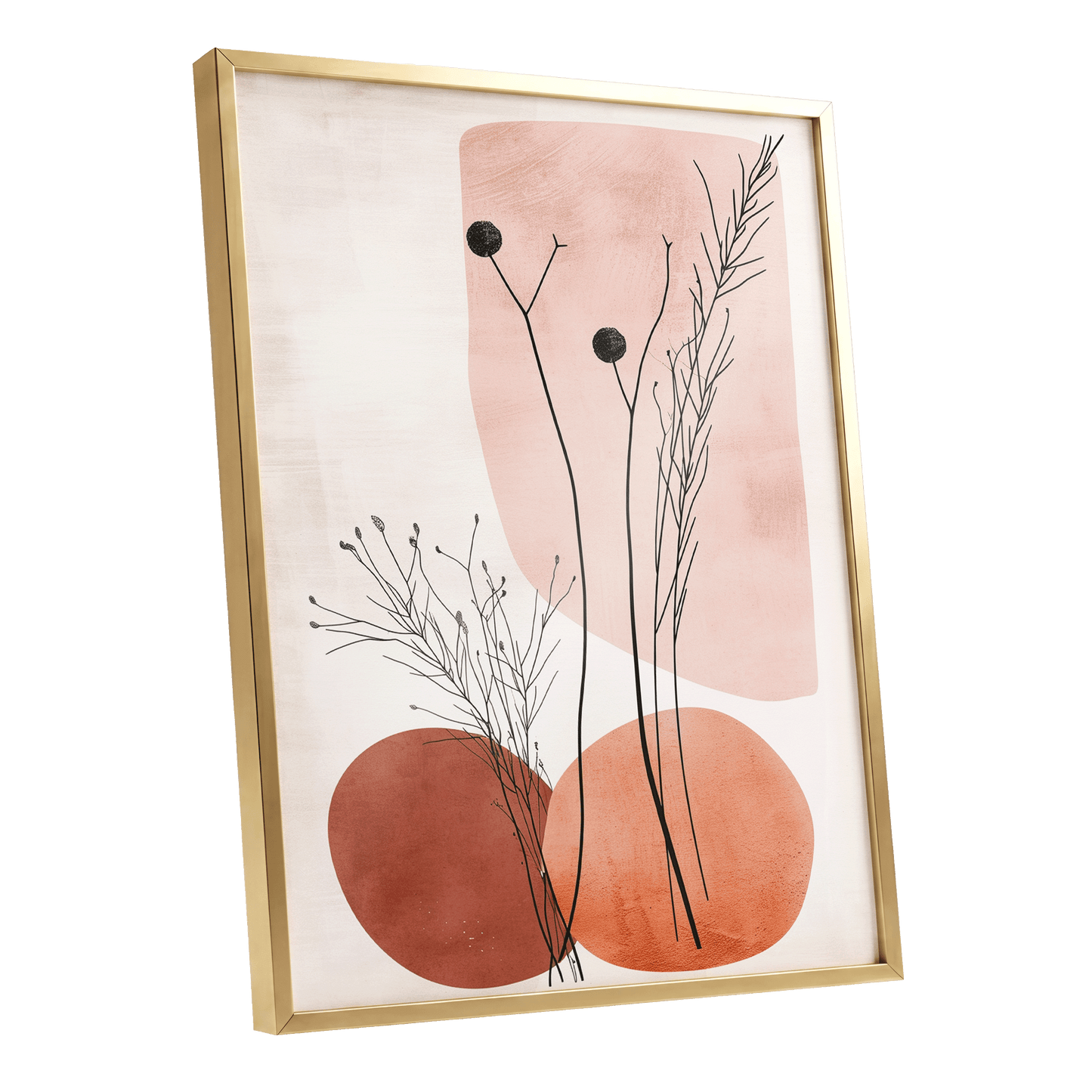 Blush Meadow Silhouettes, pink, beige, brown floral wall art shown as a gold framed poster wall art print