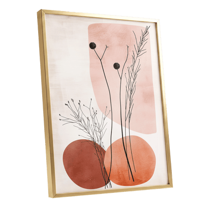 Blush Meadow Silhouettes, pink, beige, brown floral wall art shown as a gold framed poster wall art print