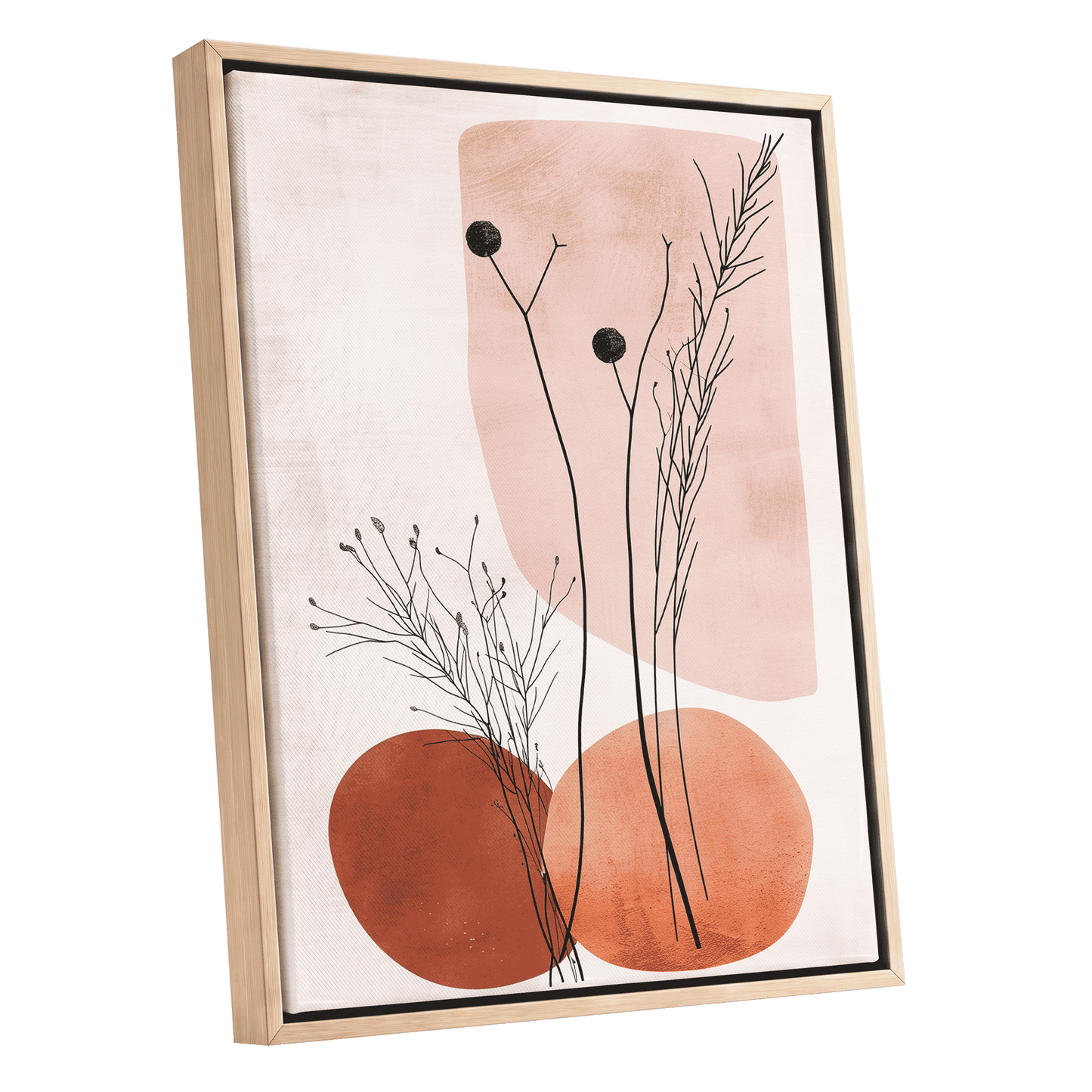 Blush Meadow Silhouettes, pink, beige, brown floral wall art shown as a oak framed canvas wall art