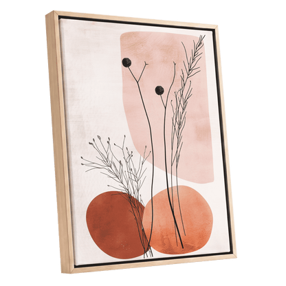 Blush Meadow Silhouettes, pink, beige, brown floral wall art shown as a oak framed canvas wall art