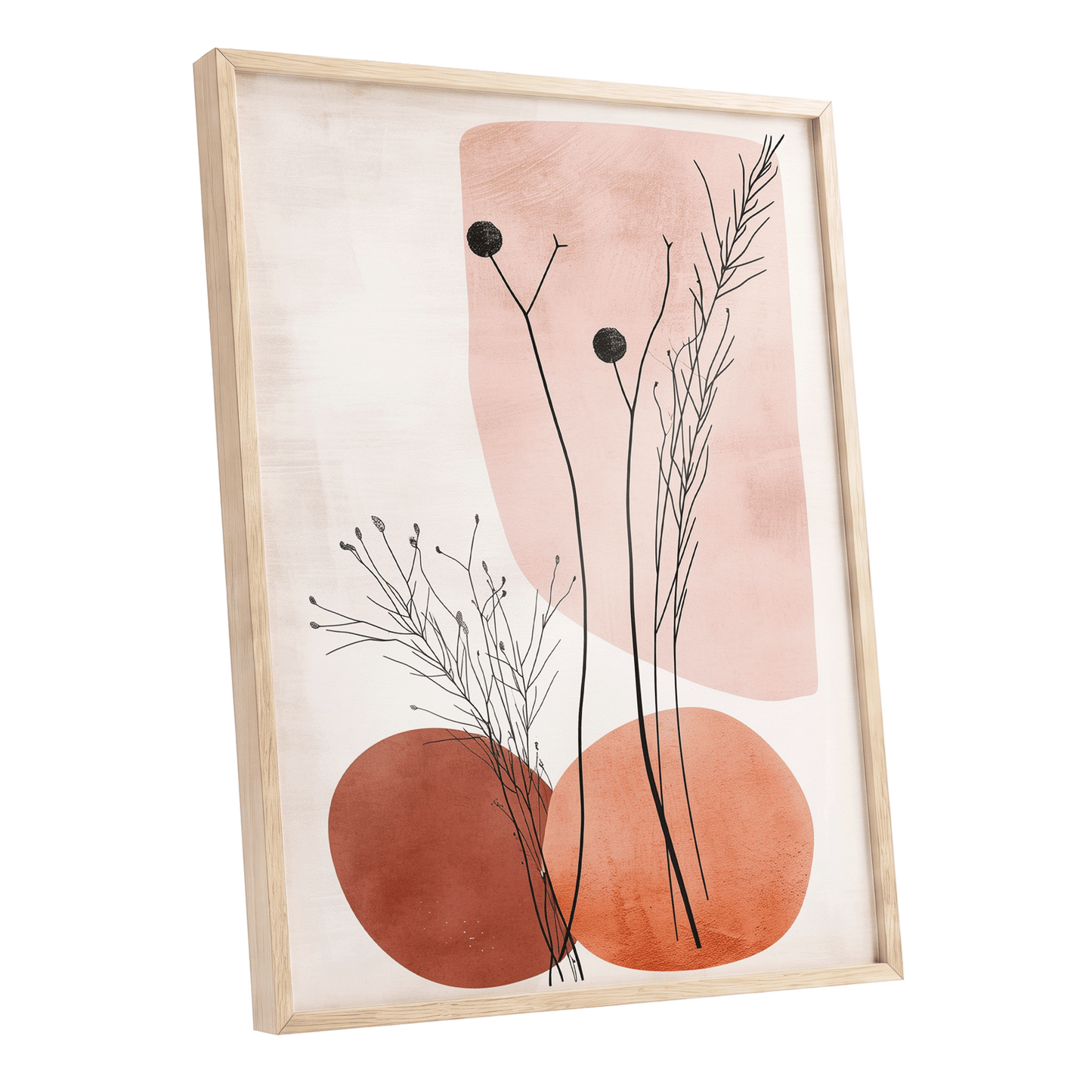 Blush Meadow Silhouettes, pink, beige, brown floral wall art shown as a oak framed poster wall art print