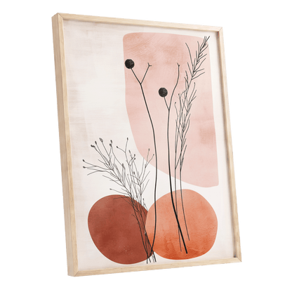 Blush Meadow Silhouettes, pink, beige, brown floral wall art shown as a oak framed poster wall art print