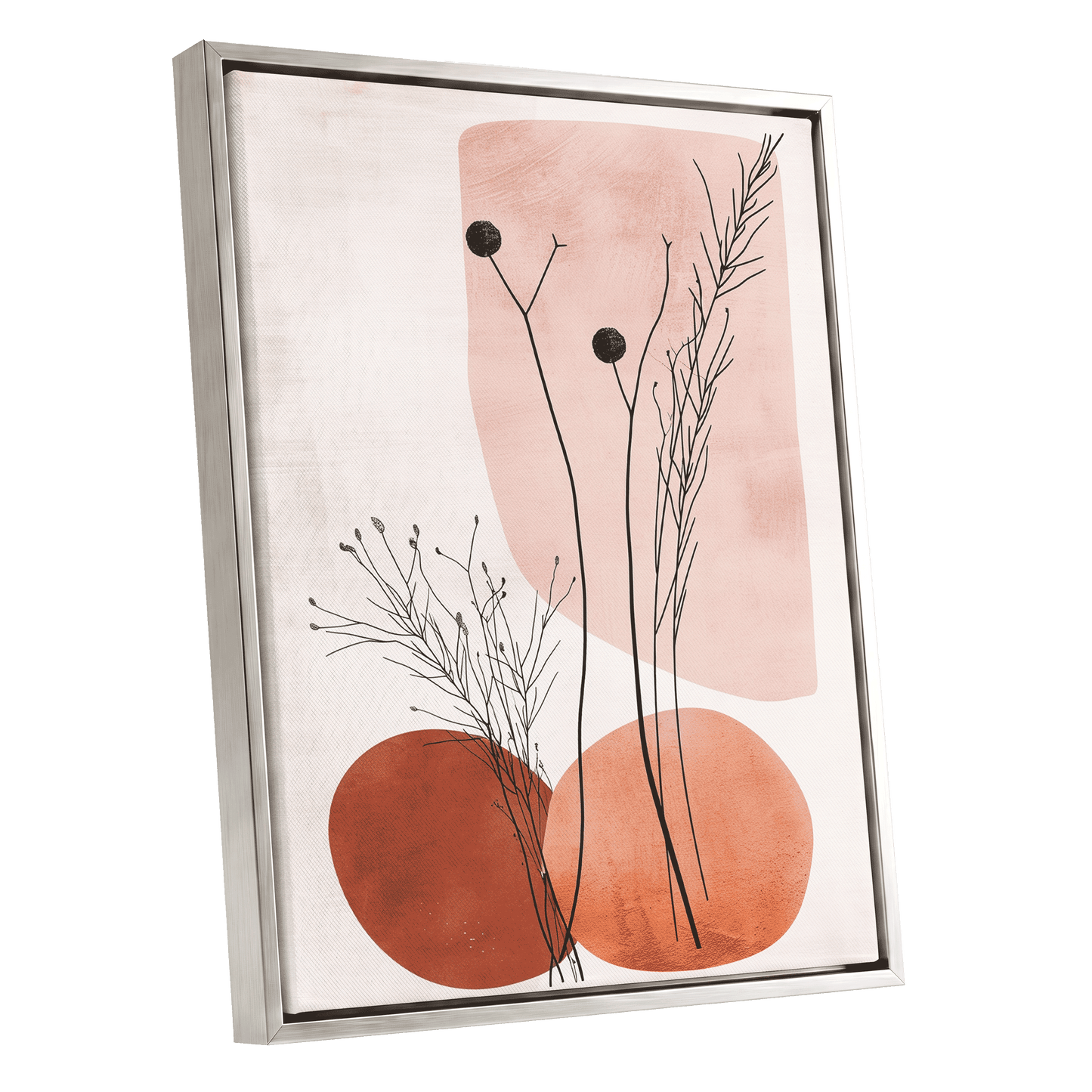 Blush Meadow Silhouettes, pink, beige, brown floral wall art shown as a silver framed canvas wall art