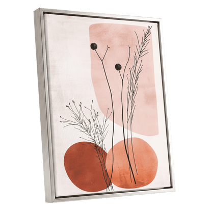 Blush Meadow Silhouettes, pink, beige, brown floral wall art shown as a silver framed canvas wall art