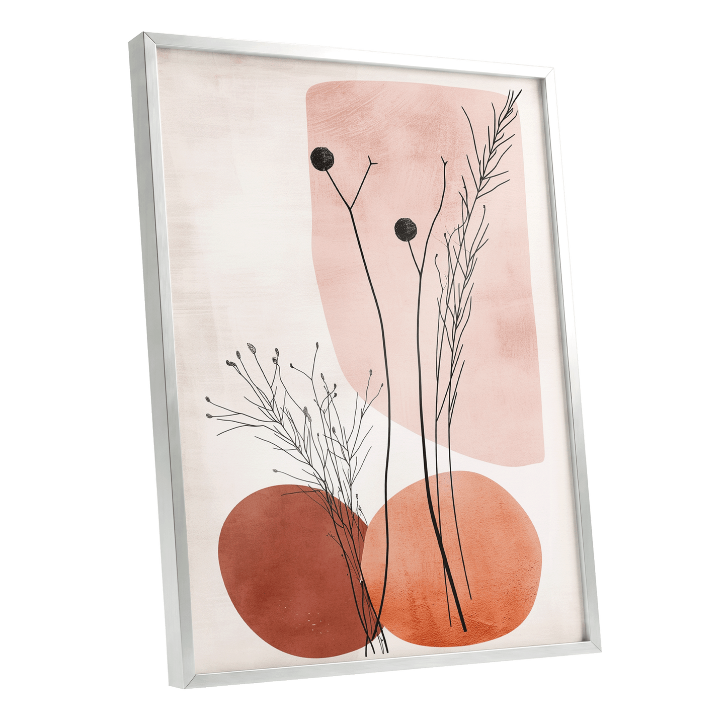 Blush Meadow Silhouettes, pink, beige, brown floral wall art shown as a silver framed poster wall art print