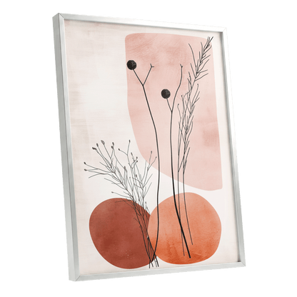 Blush Meadow Silhouettes, pink, beige, brown floral wall art shown as a silver framed poster wall art print