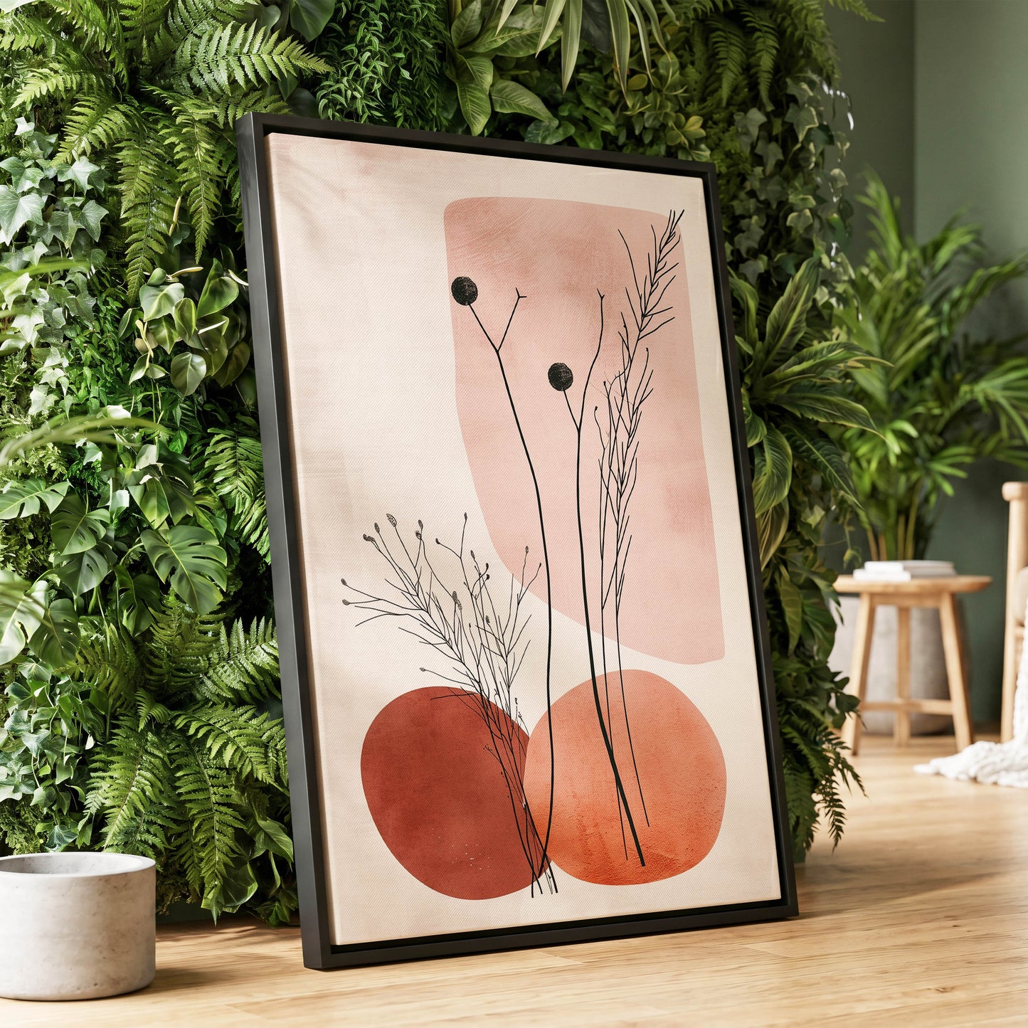 Blush Meadow Silhouettes, pink, beige, brown floral wall art displayed in a styled interior, gallery view 1