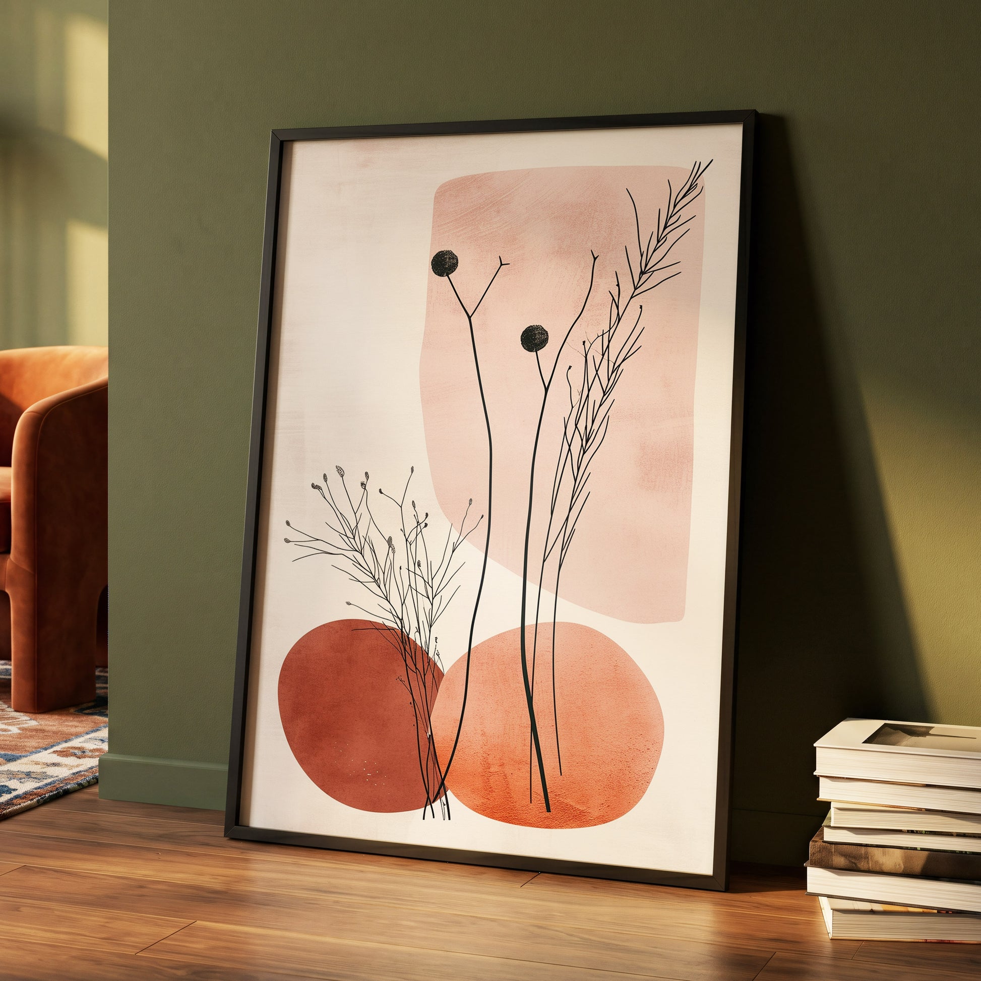 Blush Meadow Silhouettes, pink, beige, brown floral wall art displayed in a styled interior, gallery view 4