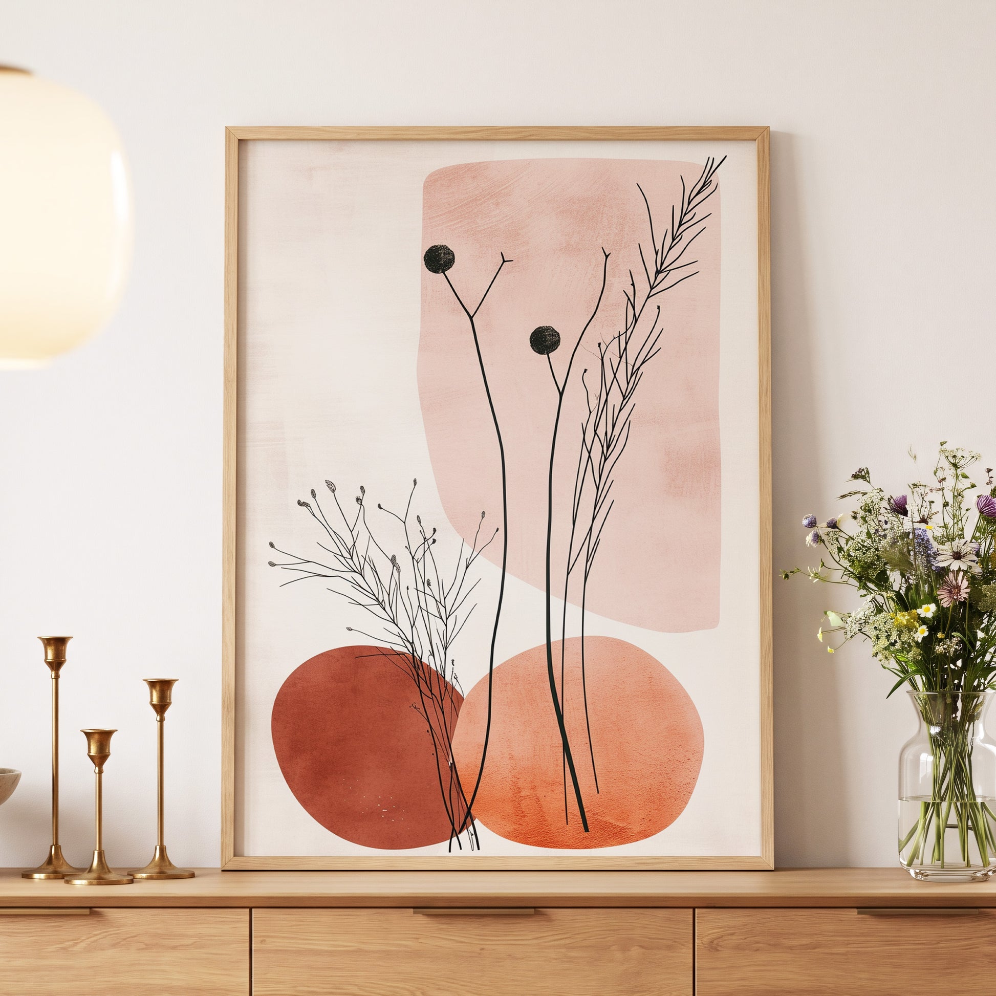 Blush Meadow Silhouettes, pink, beige, brown floral wall art displayed in a styled interior, gallery view 5