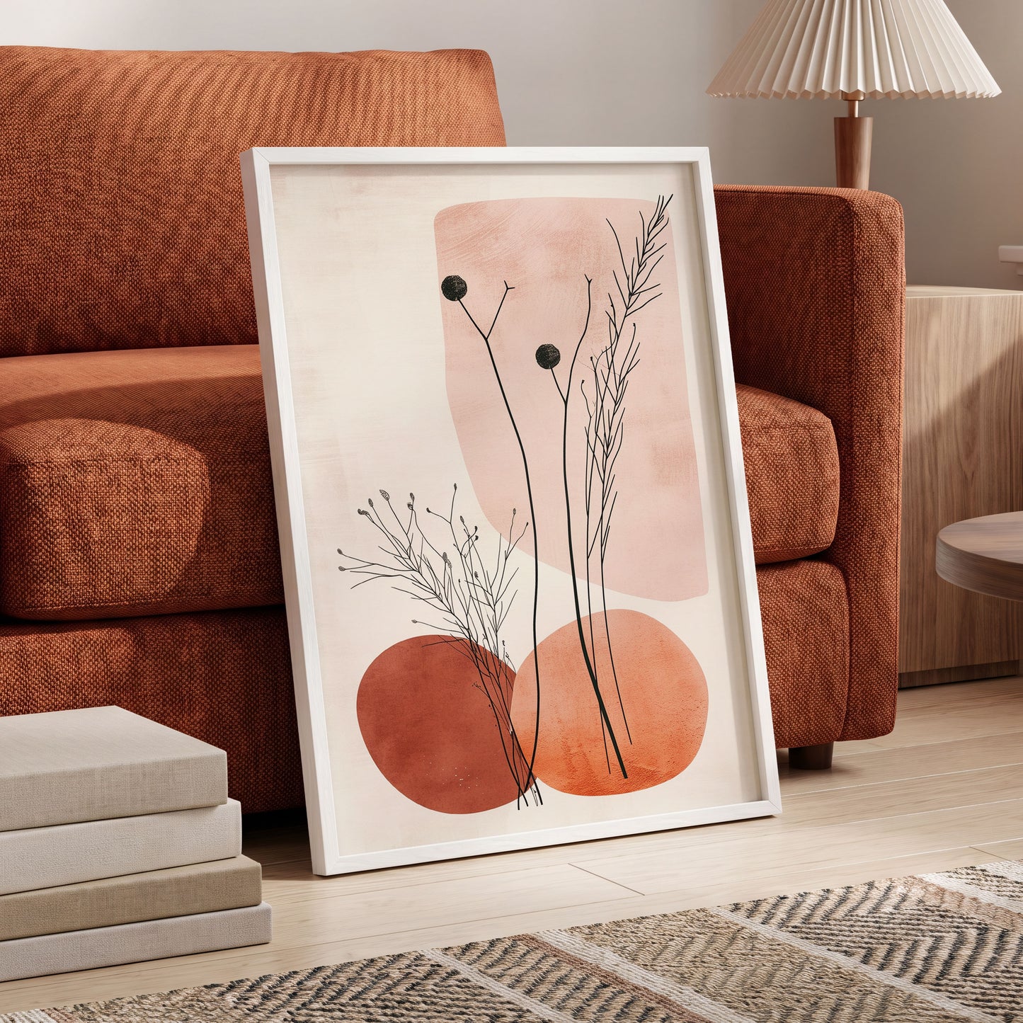Blush Meadow Silhouettes, pink, beige, brown floral wall art displayed in a styled interior, gallery view 6