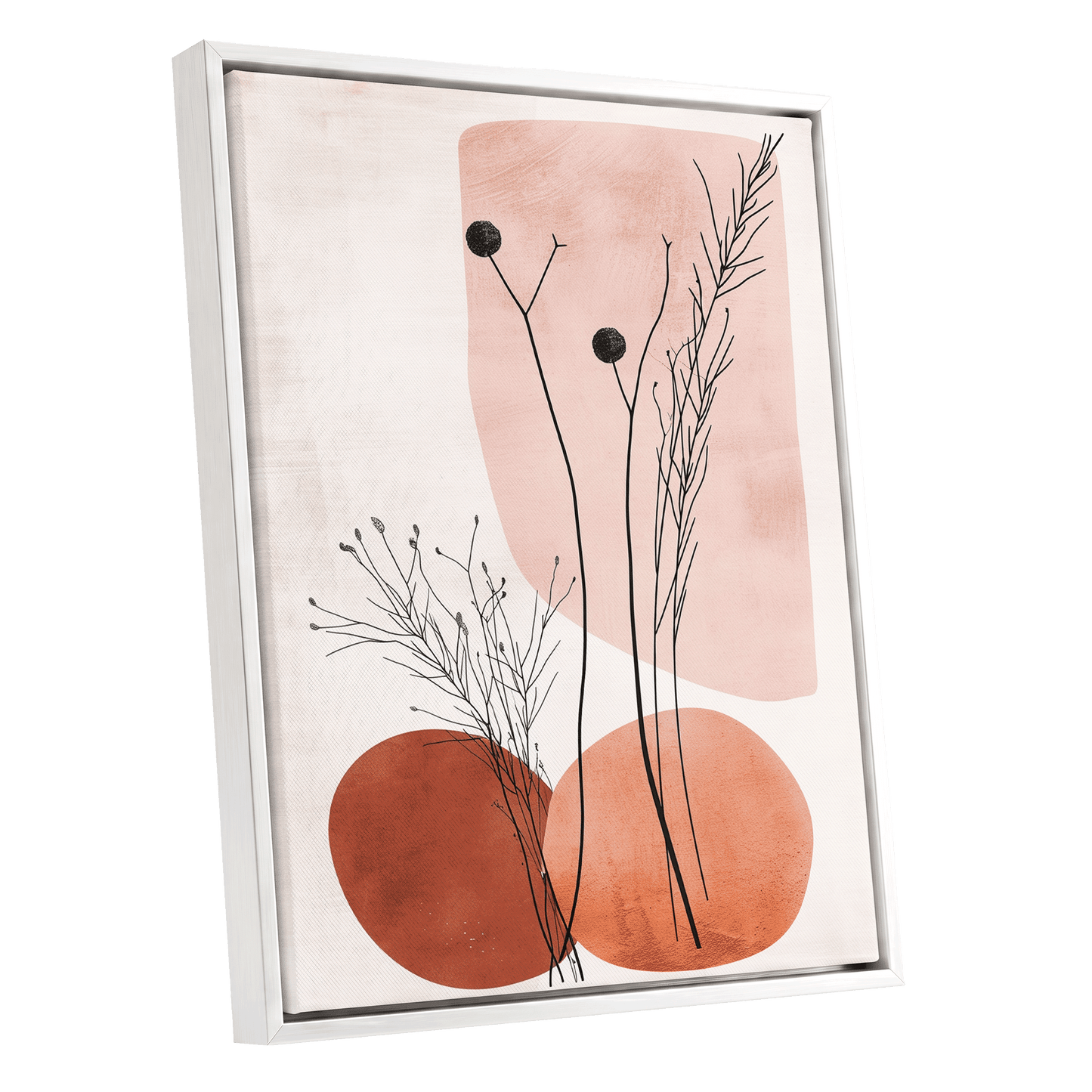Blush Meadow Silhouettes, pink, beige, brown floral wall art shown as a white framed canvas wall art