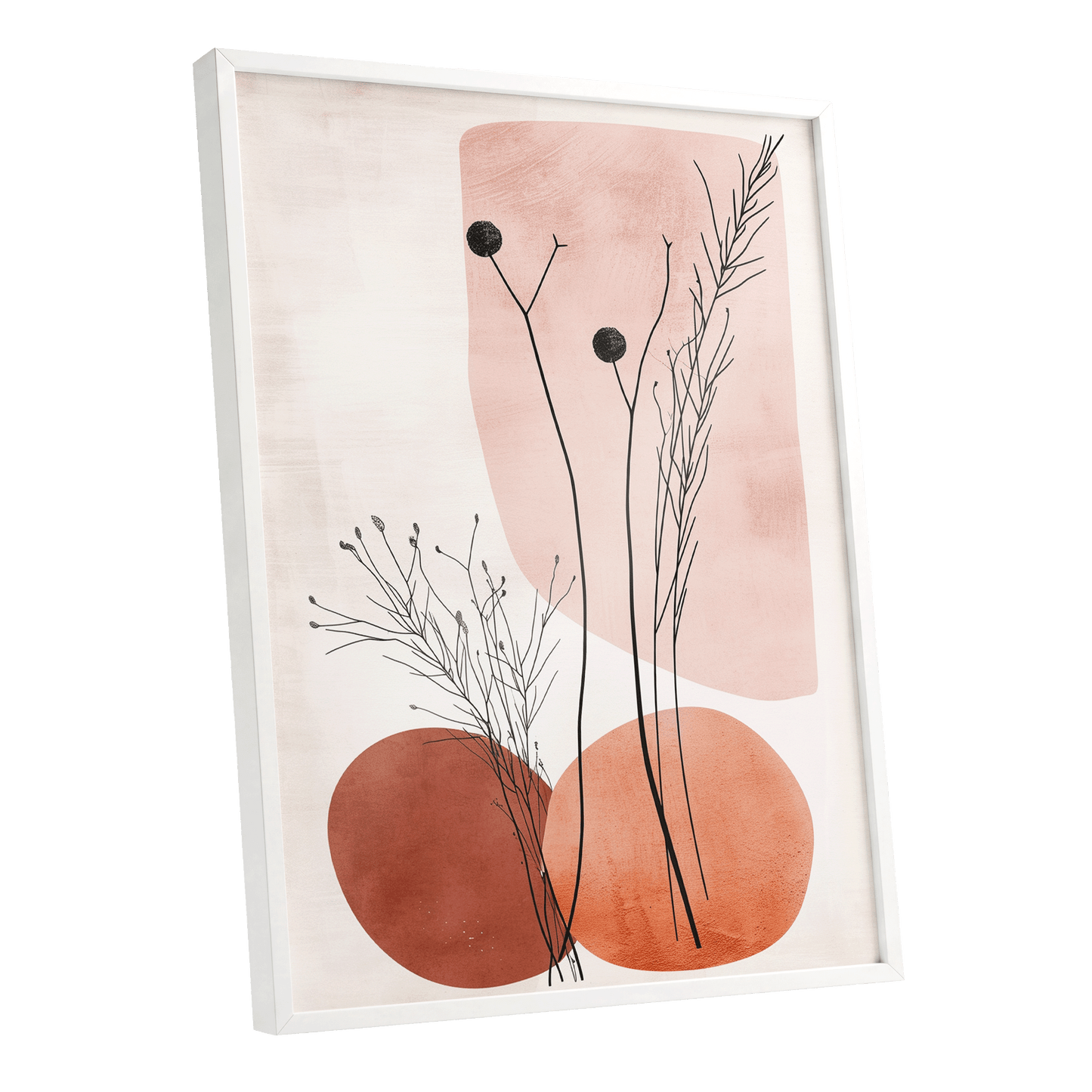 Blush Meadow Silhouettes, pink, beige, brown floral wall art shown as a white framed poster wall art print