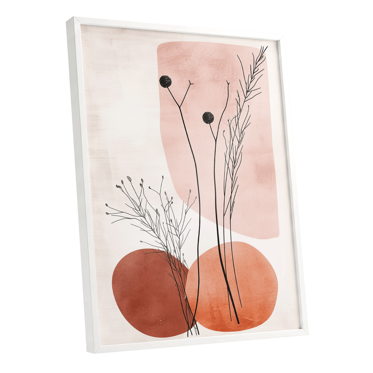 Blush Meadow Silhouettes, pink, beige, brown floral wall art shown as a white framed poster wall art print