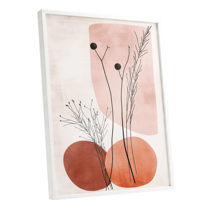 Blush Meadow Silhouettes, pink, beige, brown floral wall art shown as a white framed poster wall art print