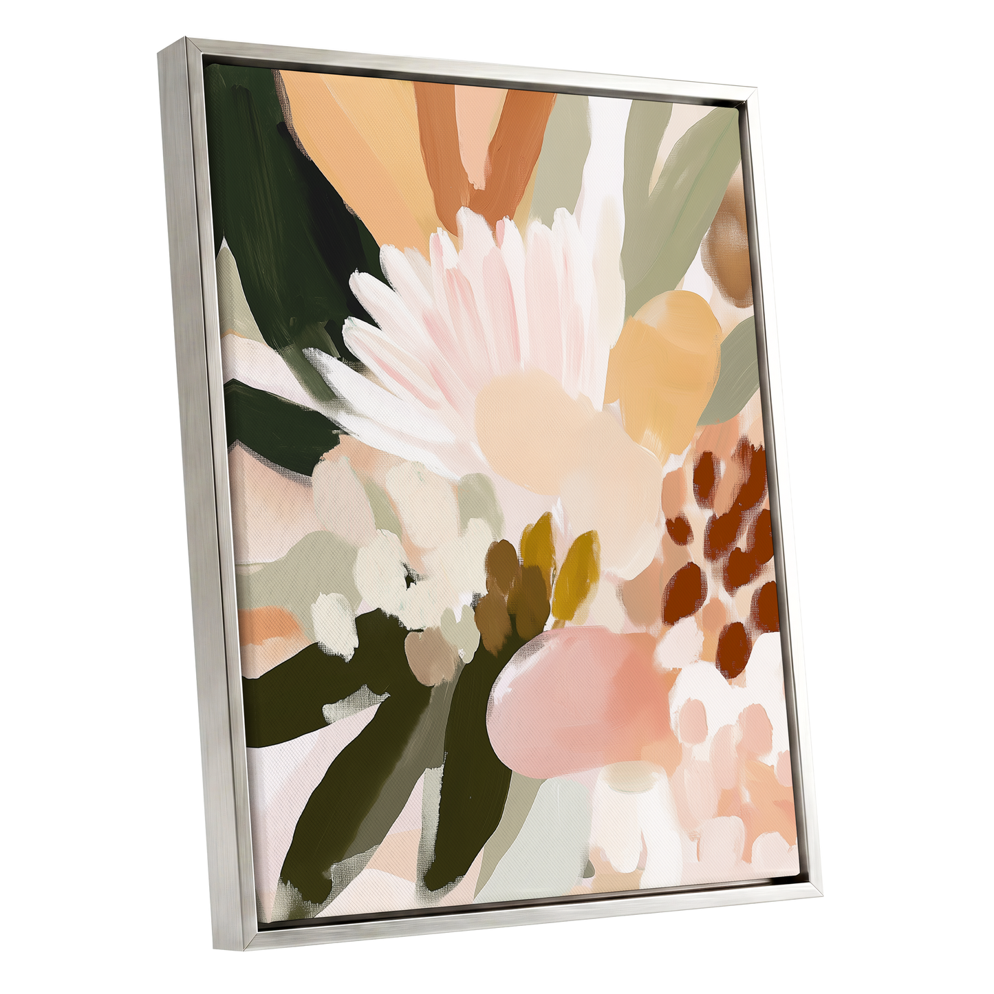Blush Meadow, green, pink, white floral wall art shown as a silver framed canvas wall art